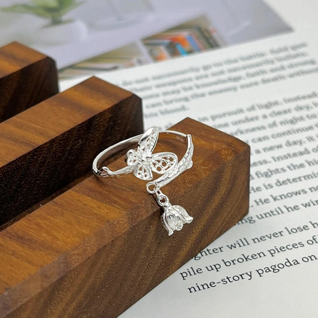 足银戒指 佬银匠 纯手工足银 蝴蝶带铃兰花拉丝古风戒指气质百搭