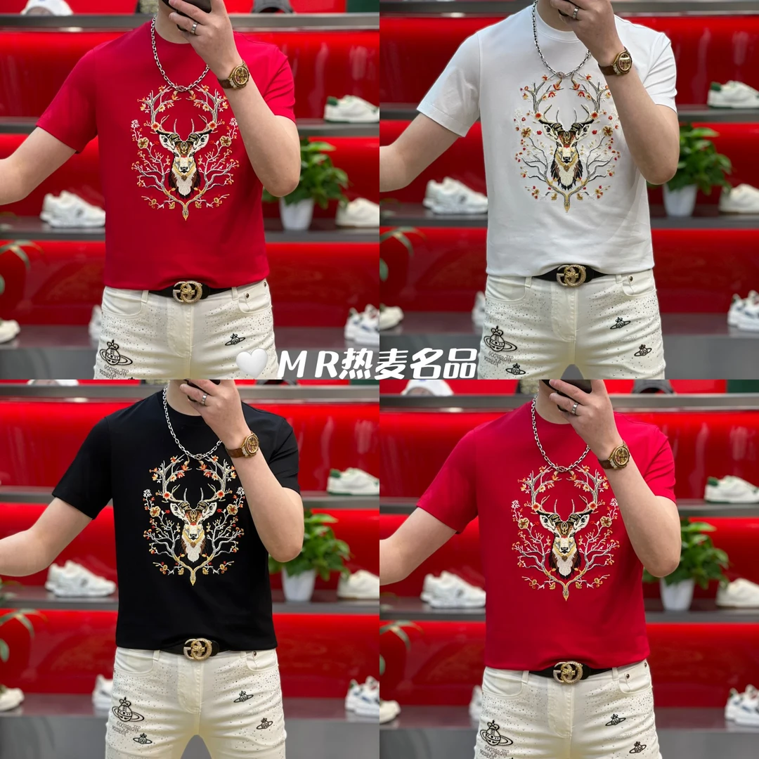 【格朗甄选】春夏短袖T恤富贵梅花鹿刺绣25款 男士修身圆领T恤8001