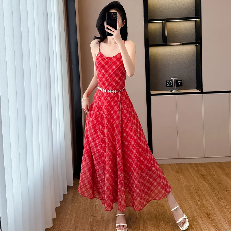 2025夏季新款气质甜美设计感方领格纹收腰显瘦超大摆漂亮连衣裙女