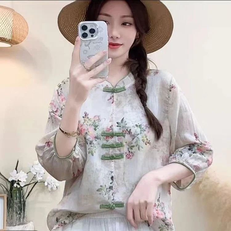 2025夏季新款新中式中国风上衣女中式复古重工刺绣套头七分袖小衫