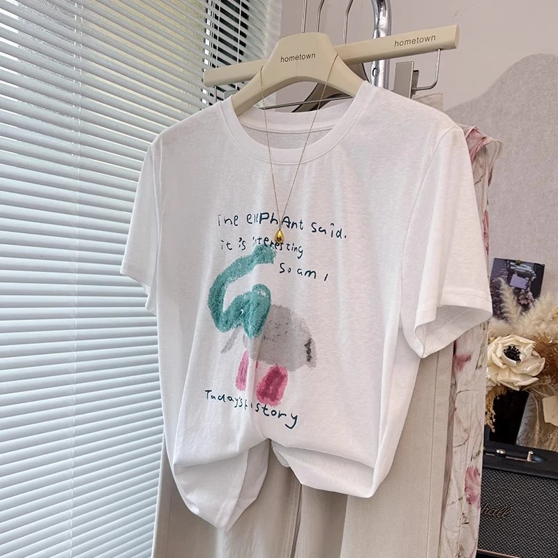 2025新款大码胖mm短袖T恤女夏季薄款宽松显瘦雪花棉半袖上衣2