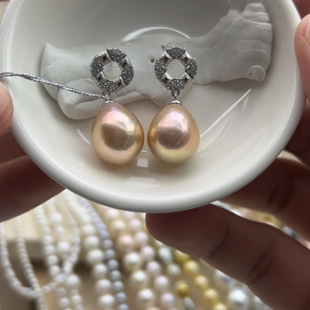 银S925镶嵌耳饰淡水珍珠13mm极光淡水爱迪生耳坠