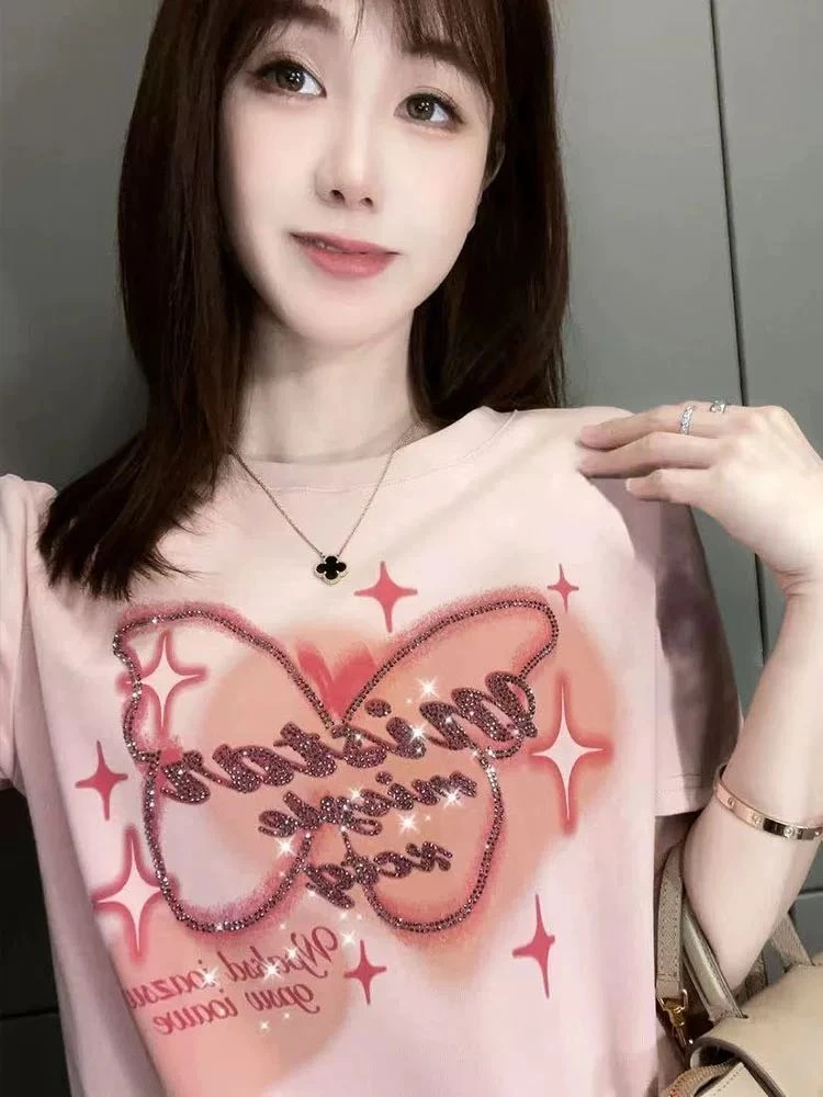 春夏新款爱心蝴蝶短袖T恤女修身显瘦时尚半袖短袖宽松圆领洋气