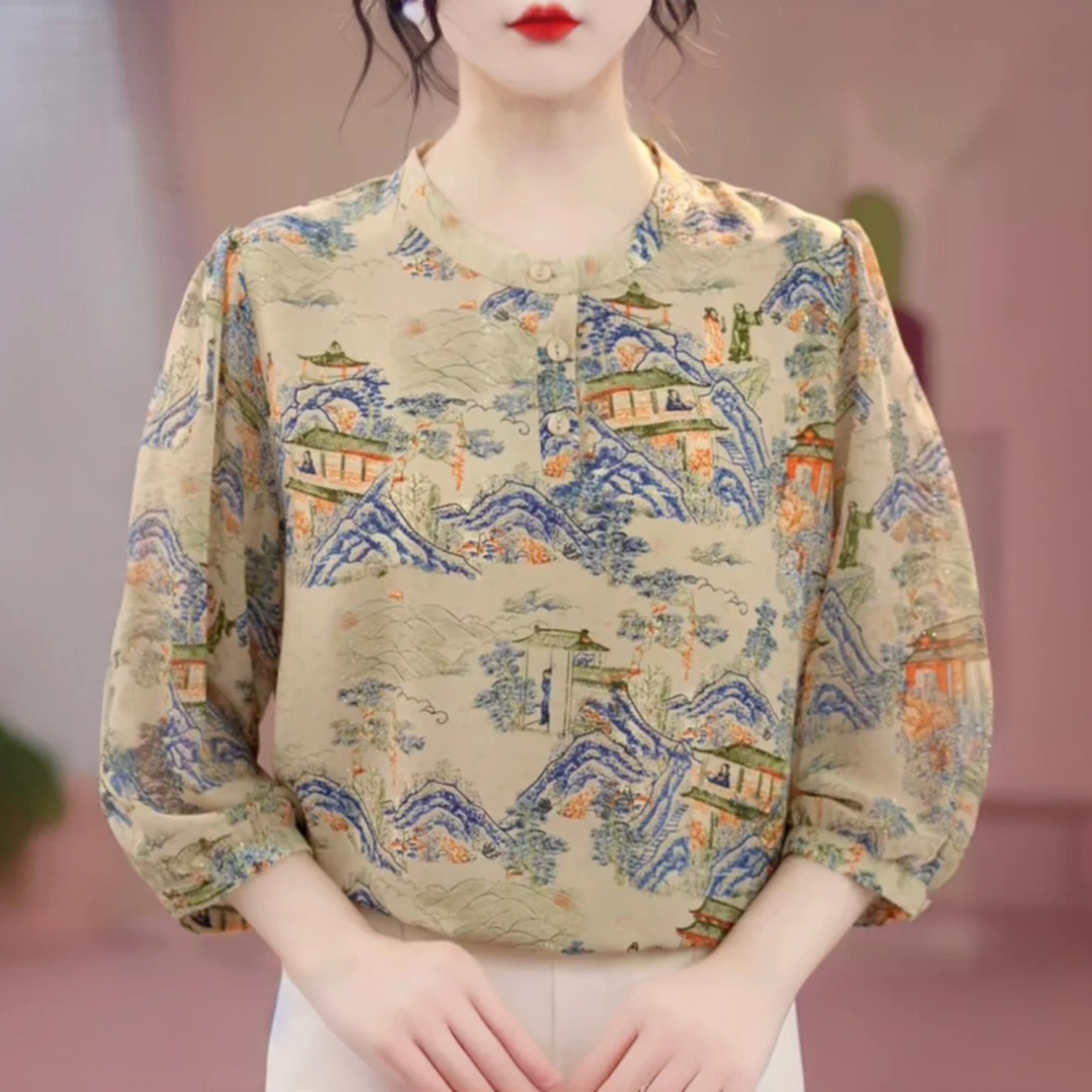 洒银工艺2025年初秋款复古风七分袖修身圆领上衣气质洋气衬衫0802