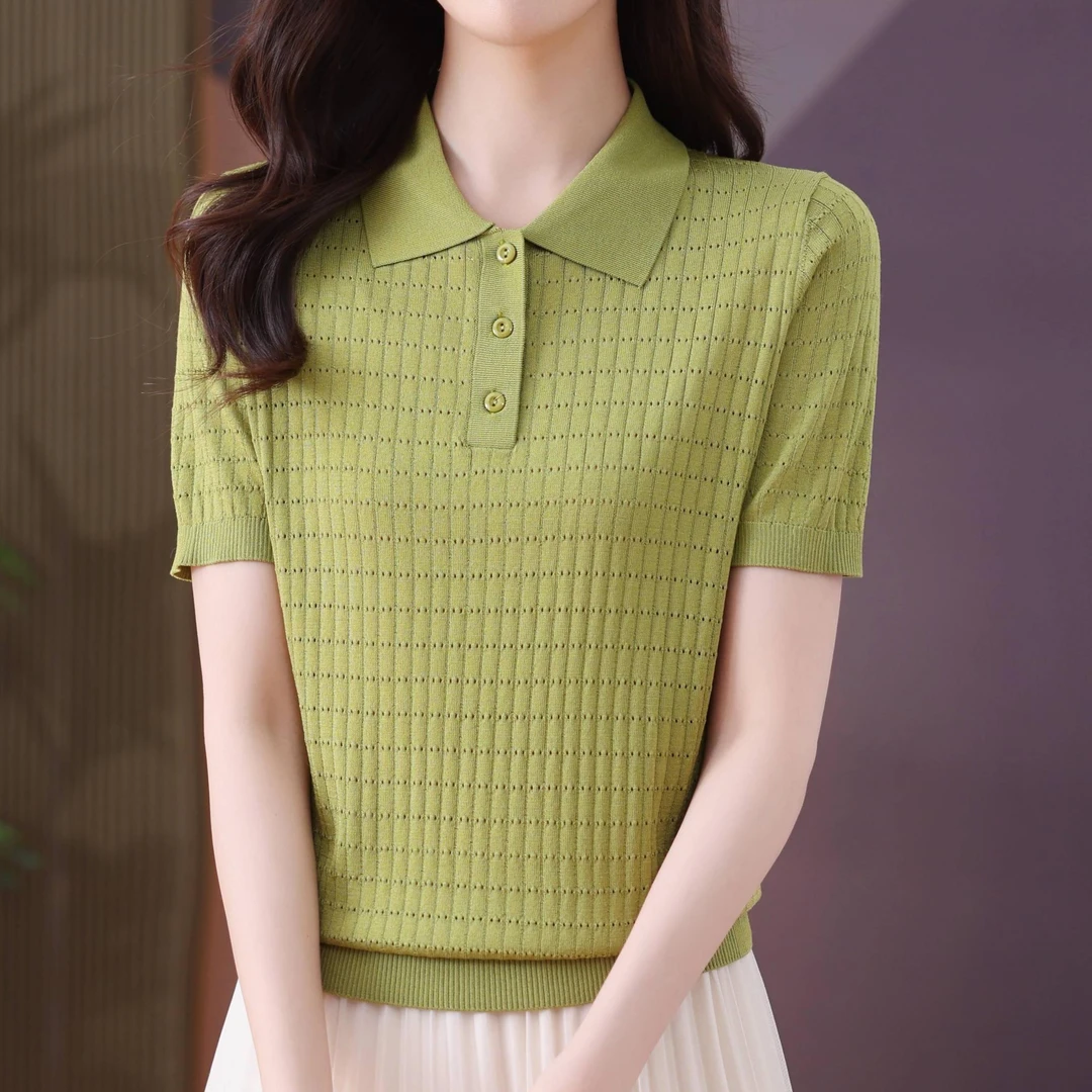 25新款天丝女士polo领口透气舒适时尚百搭短袖上衣