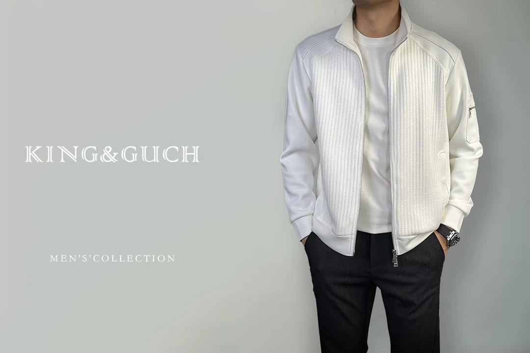 KING&GUCH秋季【针织拼皮】2025新款男士立领时尚休闲百搭开衫8068