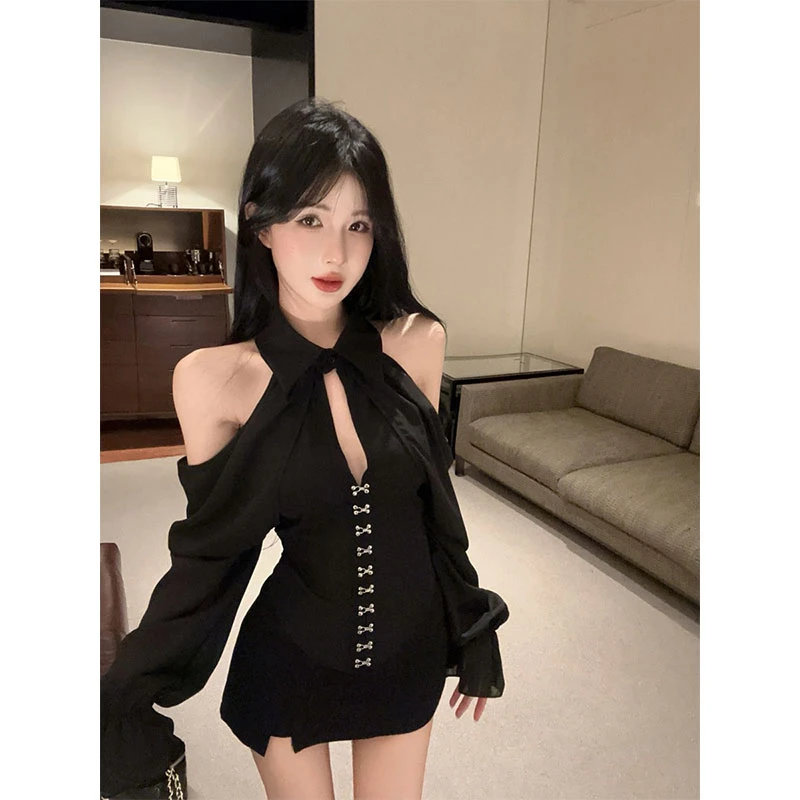 2025秋季新款纯欲露肩镂空排扣收腰显瘦长袖衬衫高腰百搭裙裤套装