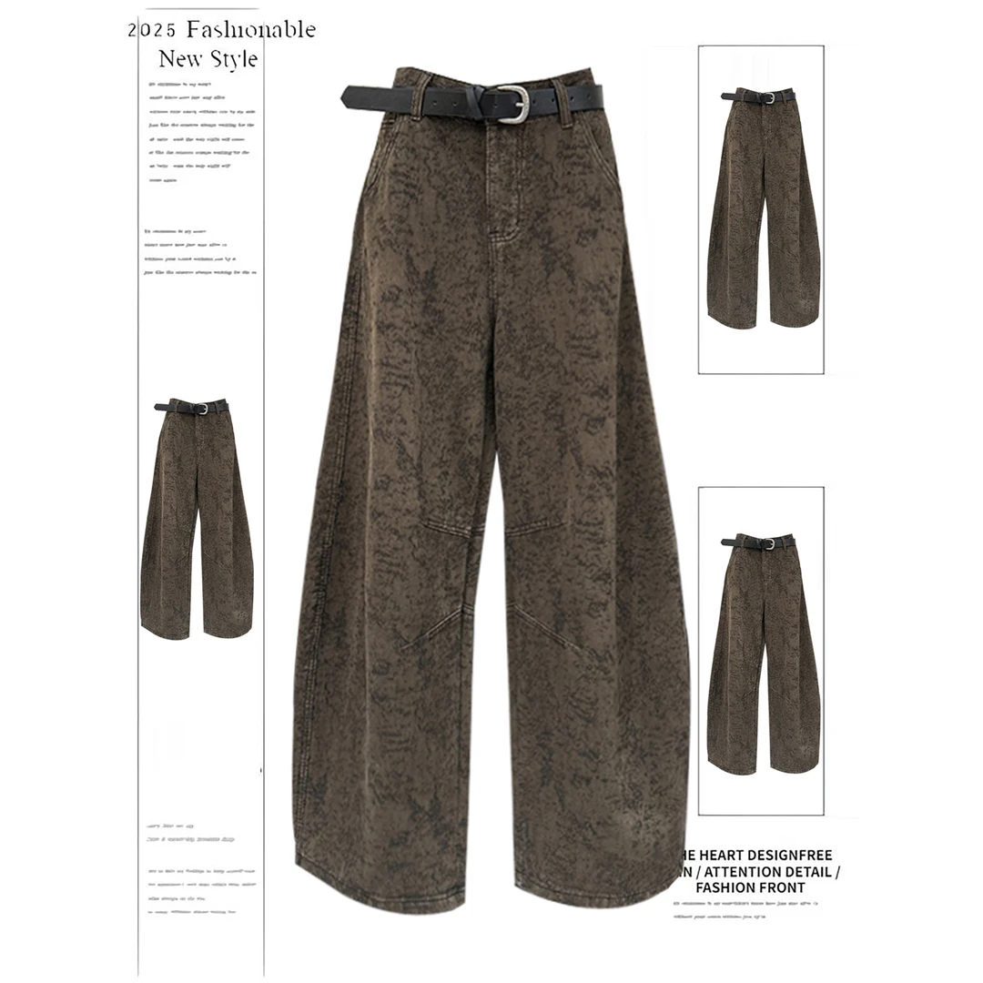 秋冬300斤大码复古提花弯刀牛仔裤男设计感宽松直筒阔腿裤镰刀裤2