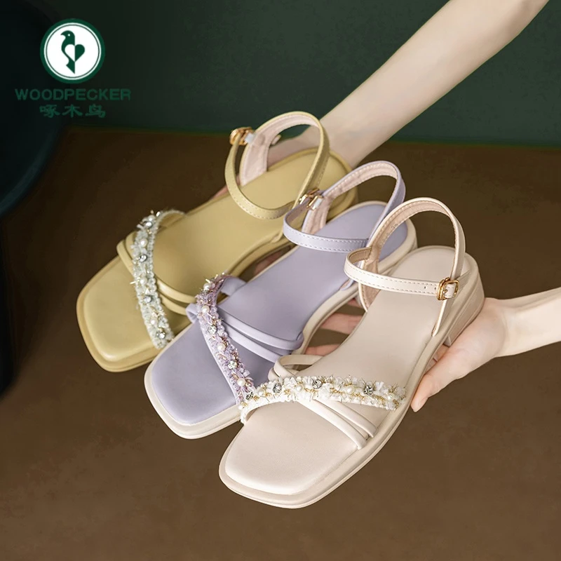 啄木鸟法式凉鞋女款气质外穿夏季百搭一字带平底仙女风配裙子凉鞋