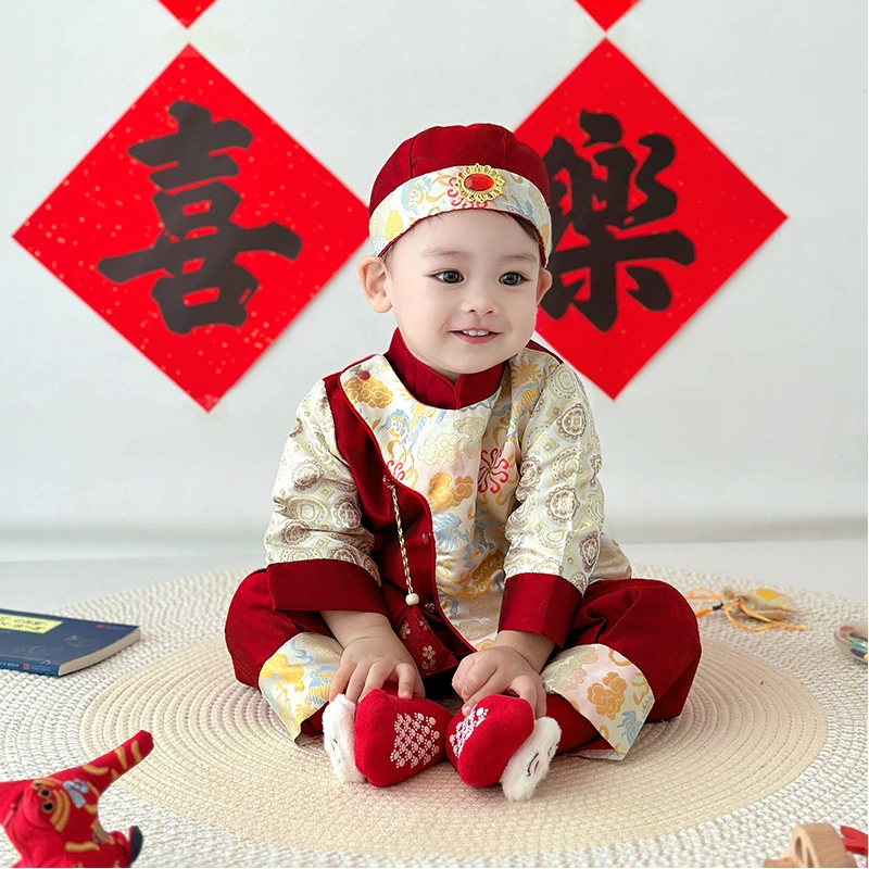 宝宝抓周礼服新中式一周岁生日宴喜庆唐装男宝春秋百天周岁宴套装