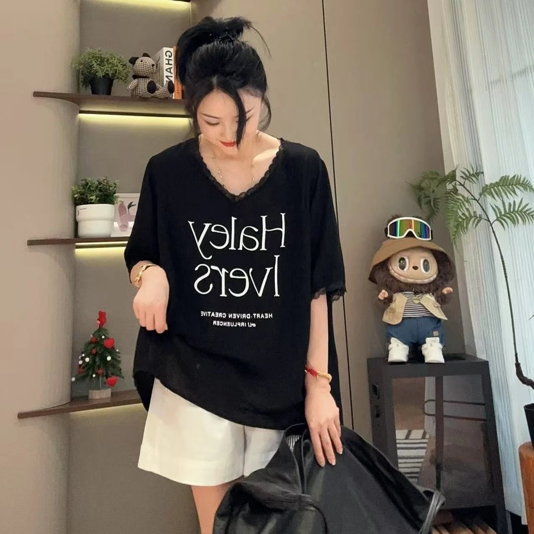 夏季字母蕾丝边拼接边V领时尚短袖T恤5-5-16