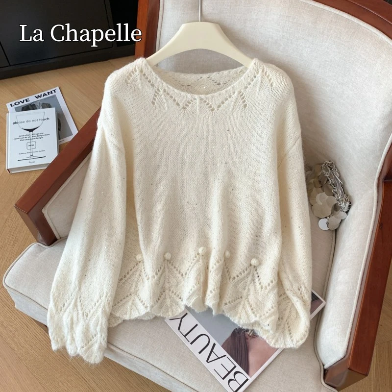 拉夏贝尔秋冬季新款气质亮片洋气针织衫甜美手钩花软糯舒适毛衣女