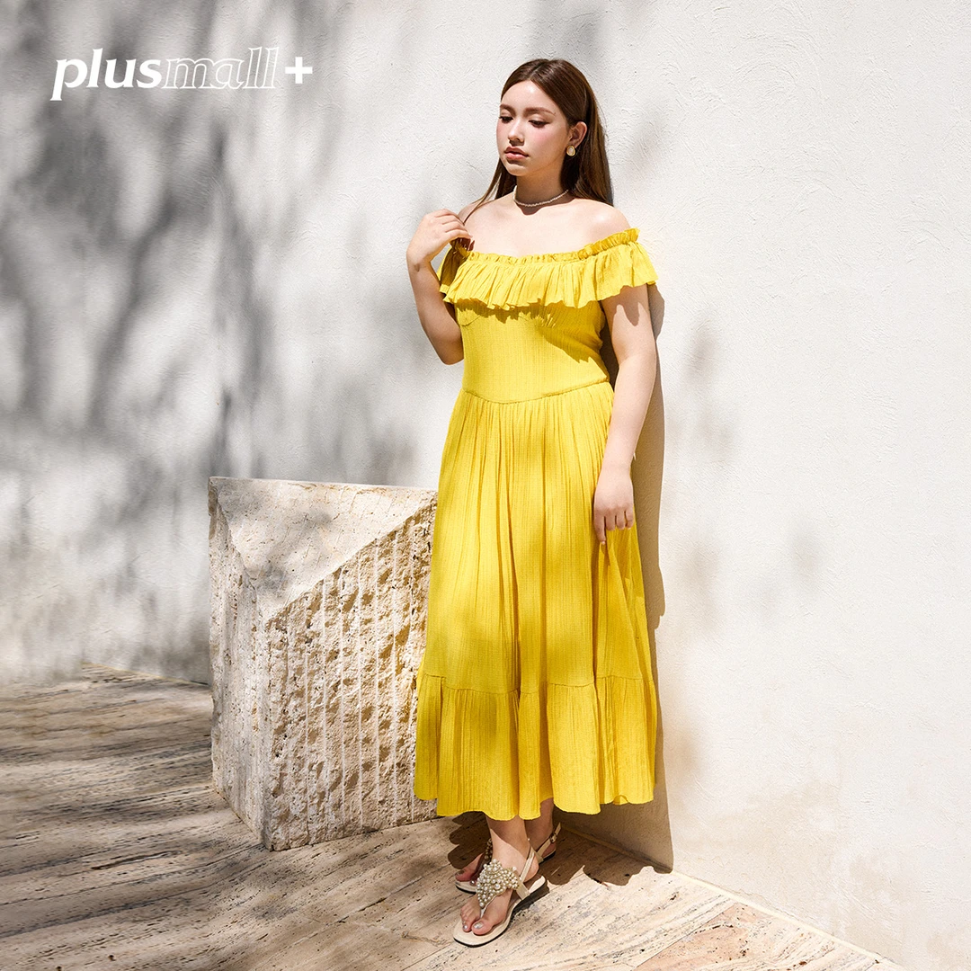 【折扣款】PLUSMALL 仙本那少女 梭织一字领荷叶边连衣裙PM2502169