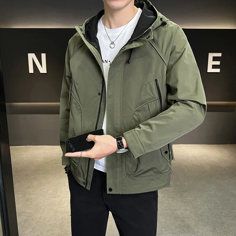 2025春季新款连帽男夹克时尚潮流高端纯色百搭工装休闲设计感外套