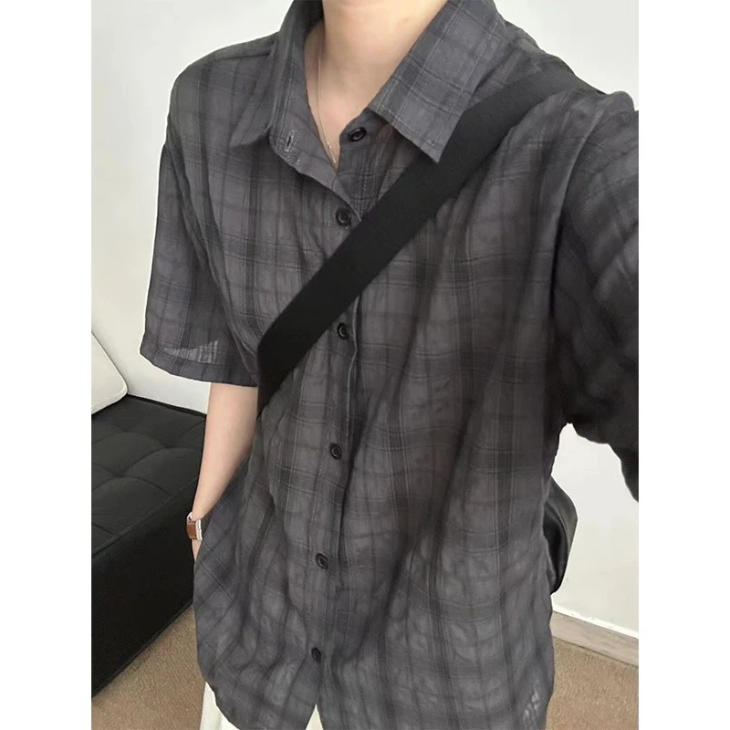 美式复古深灰色格子衬衫男款夏季慵懒松弛感短袖衬衣情侣防晒外套