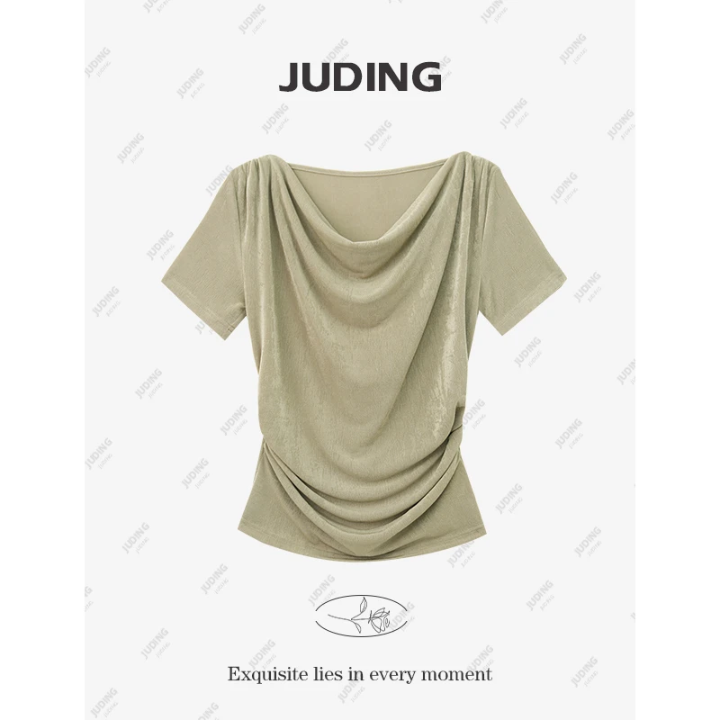 【气质入骨】气质褶皱荡领短袖T恤女2025夏季新款设计感上衣8204