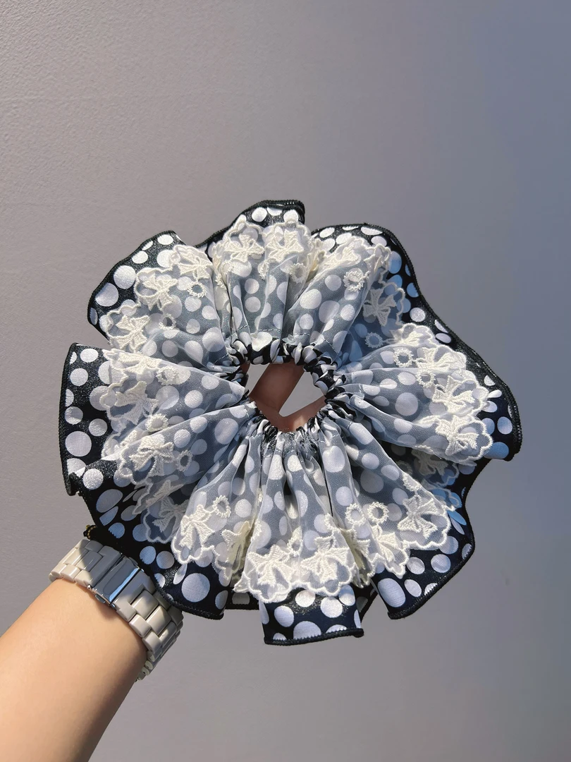 新款大肠发圈波点款垂感缎面蕾丝头饰皮筋气质甜美风原创设计发绳