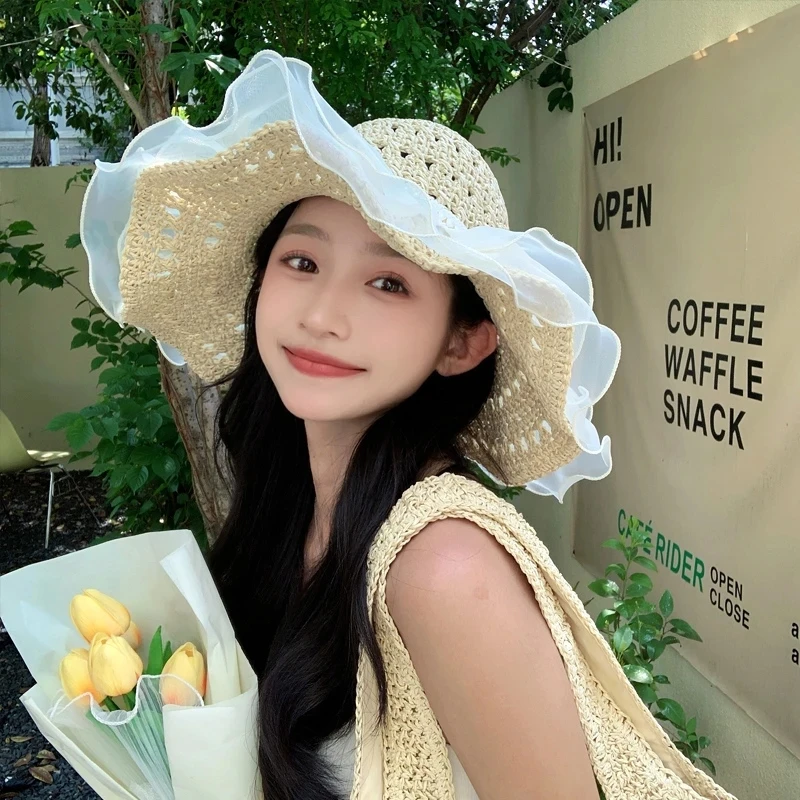 夏季新款蕾丝大帽檐草帽防晒帽显脸小日系海滩游玩度假必备遮阳帽