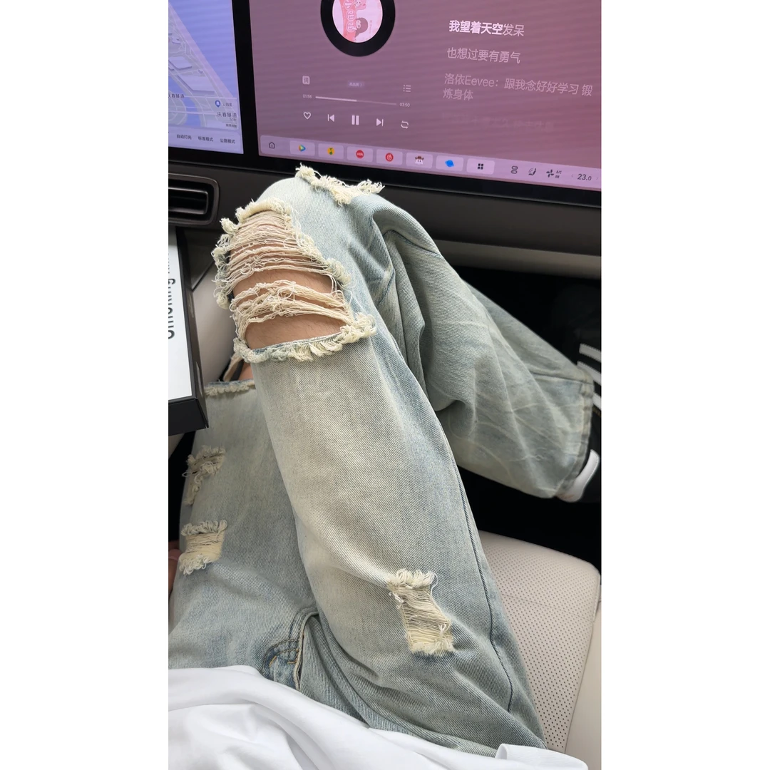 破洞水洗闪电纹牛仔裤男款夏季美式休闲复古hiphop街头直筒长裤