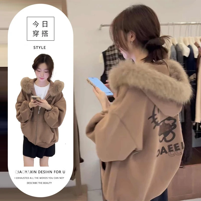 美式复古字母Kitty猫连帽毛领卫衣女春秋冬慵懒风休闲松弛感外套