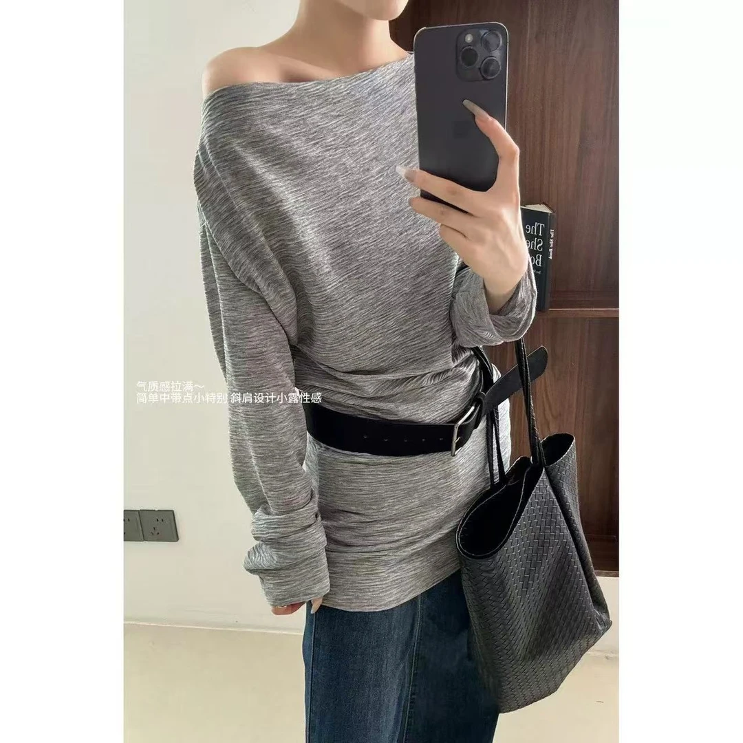 韩系一字肩配腰带上衣8057