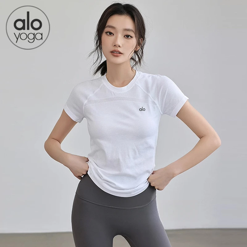 alo瑜伽服短袖女夏速干跑步训练紧身外穿显瘦圆领T恤运动健身上衣