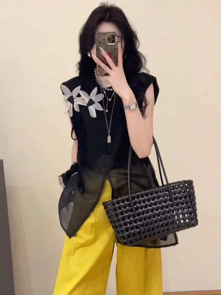 欧货立体花朵拼接网纱短袖T恤女2025夏季新款宽松显瘦百搭上衣女