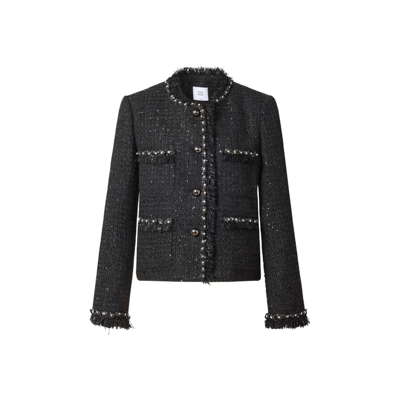 玖和JIUHEMADE黑色粗花羊毛小香风短款外套A24C147