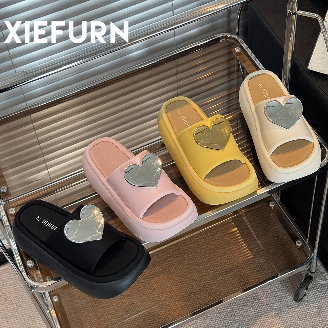 XIEFURN/鞋夫人夏季爱心金属扣件一字拖鞋2025新款透气百搭凉拖鞋