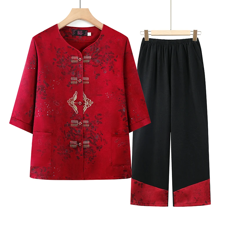 奶奶夏装套装2025新款老年人女装中式衬衫七分袖上衣服妈妈两件套