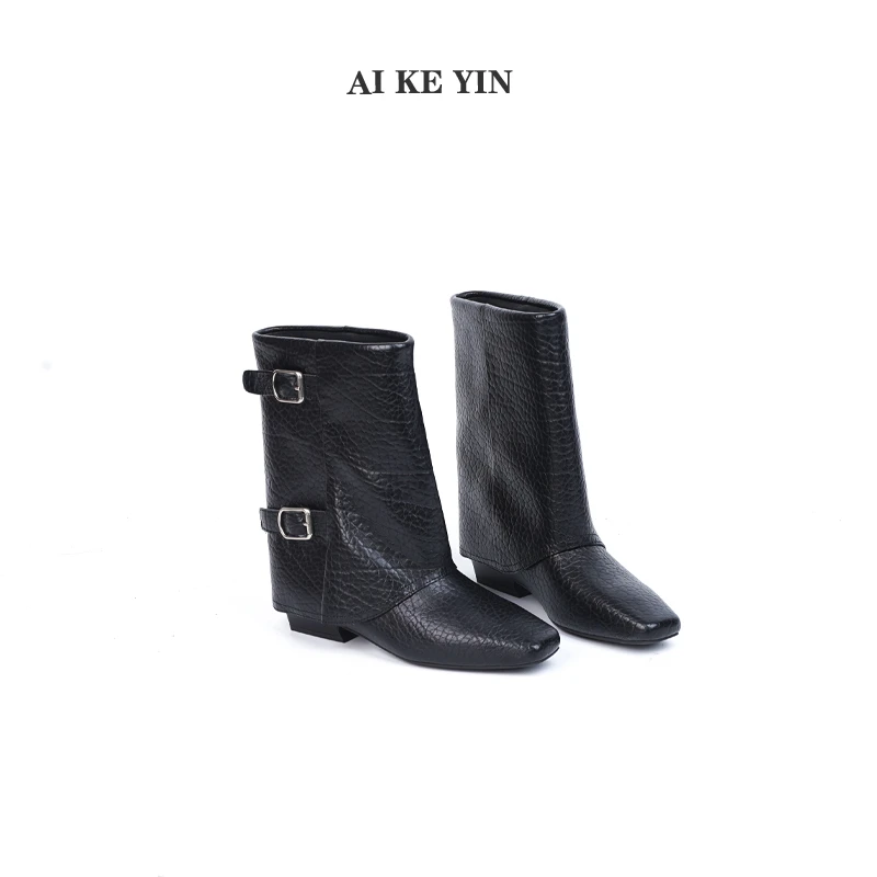 【艾珂茵】秋冬新款方头无拉链金属皮带扣时装短靴薄绒裤管靴气质