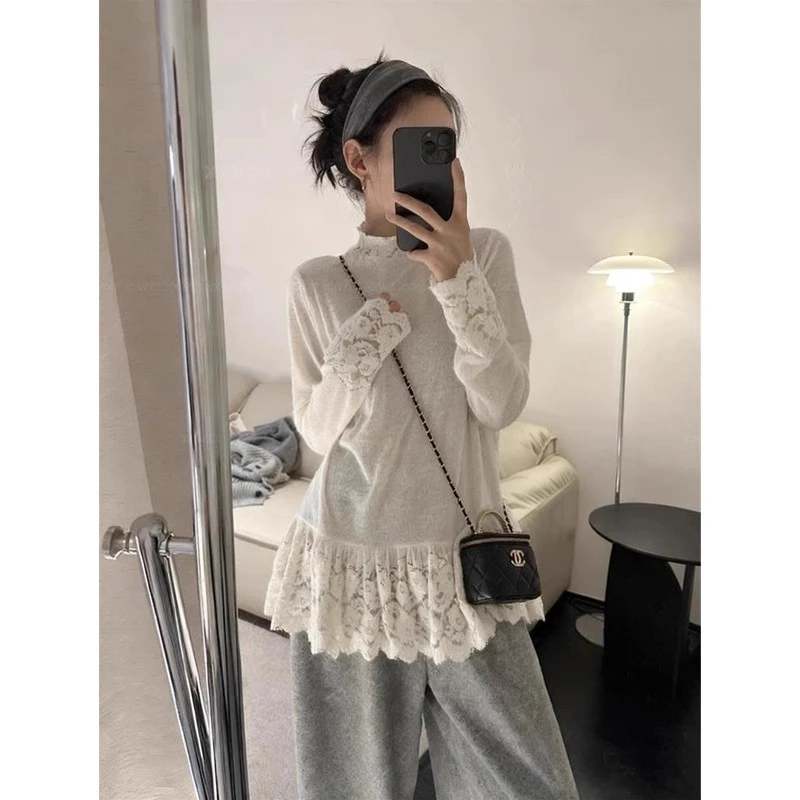 温柔风半高领蕾丝钩花长袖针织衫2025新款秋冬宽松显瘦打底衫T恤