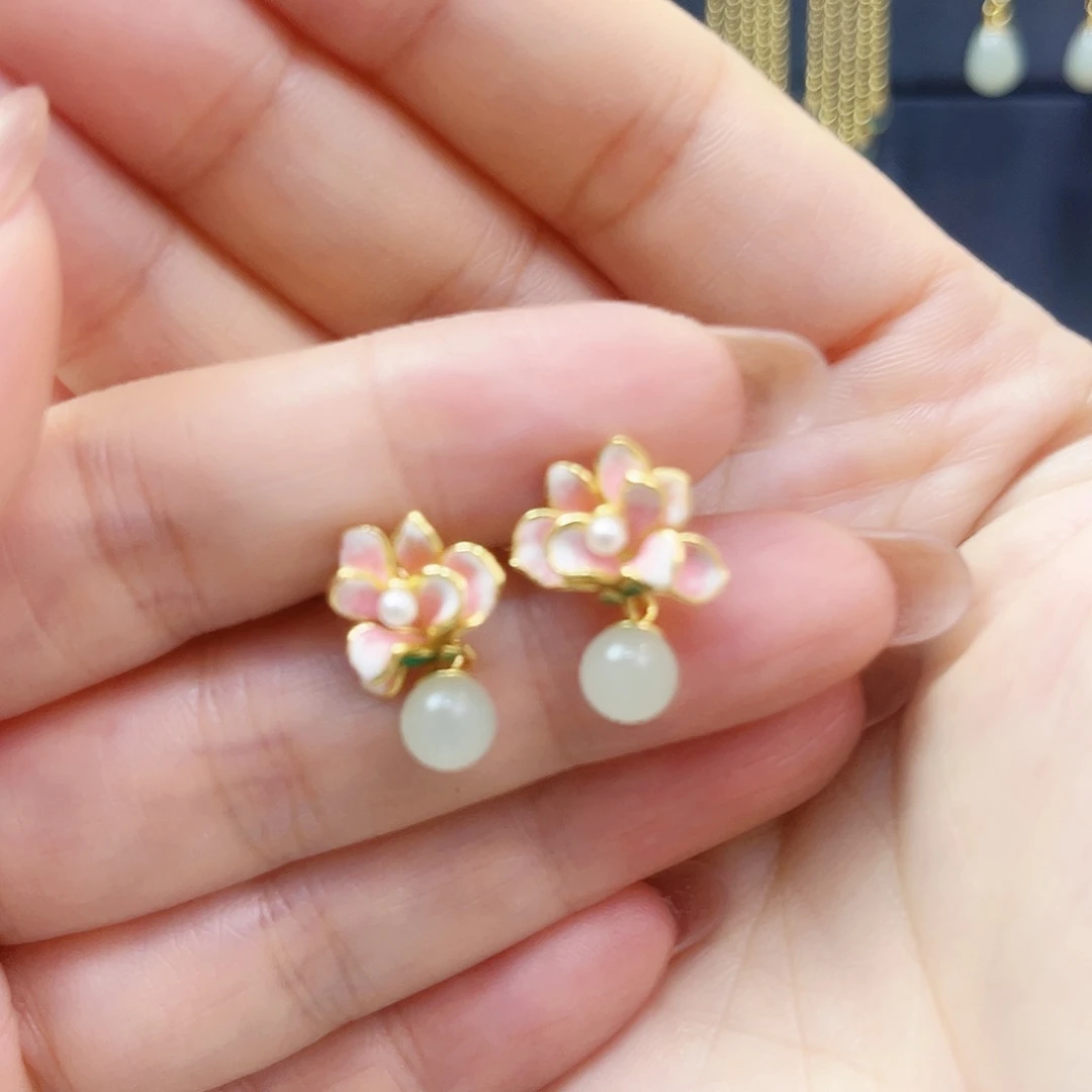 和田玉银S925镀金镶嵌耳饰