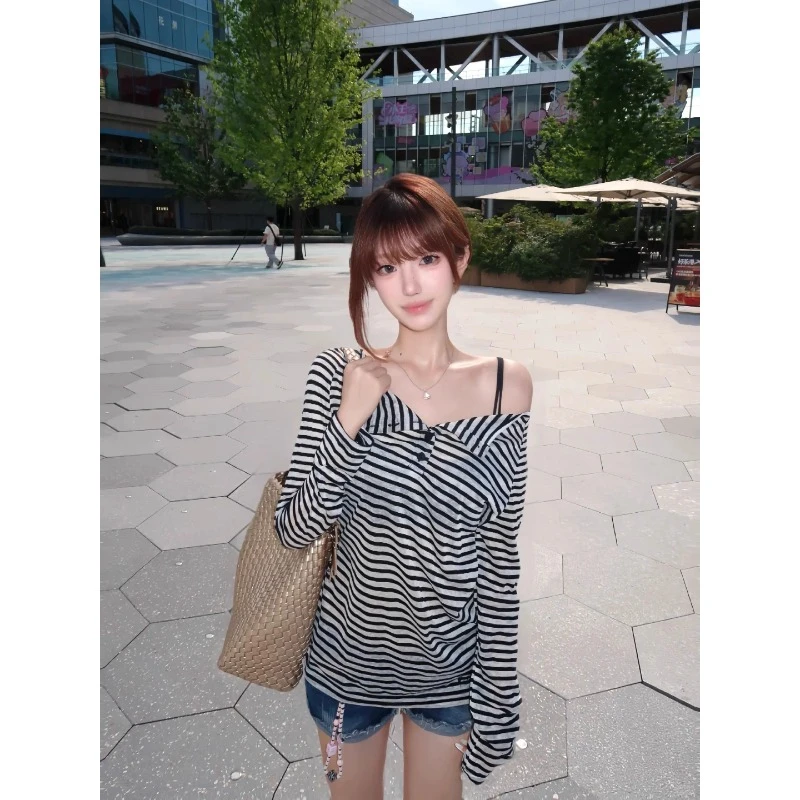 美式V领纽扣条纹防晒罩衫长袖t恤女夏季轻薄款宽松百搭慵懒风上衣