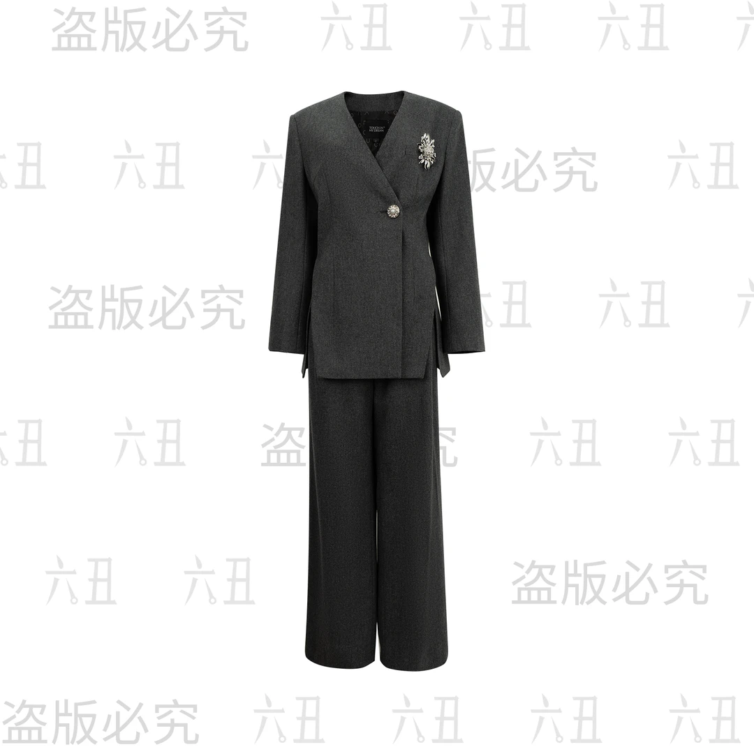 六丑【高定套装】新款高级定制时尚气质灰色珍珠扣套装502ATZ0115