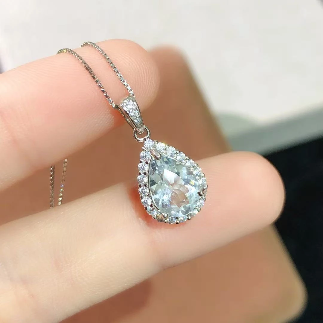 7*10天然海蓝宝吊坠温柔清新气质时尚精致百搭坠链