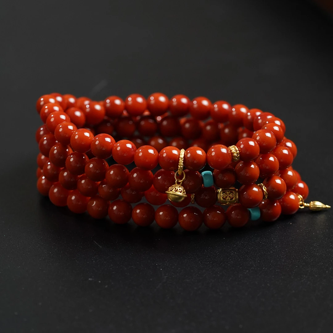 【凤鸣珠宝】天然南红原矿牛血红火焰纹18K金镶典藏级项链X-77