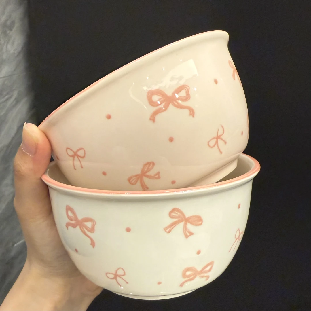 陶瓷碗勺带蝴蝶结ins高颜值复古饭碗甜品餐具