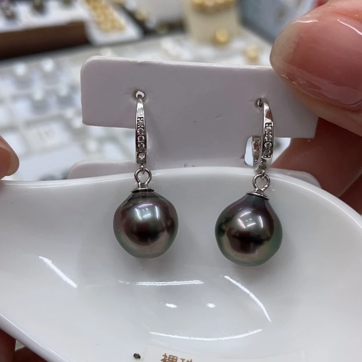 银S925镶嵌耳饰海水珍珠大溪地辣色11-12