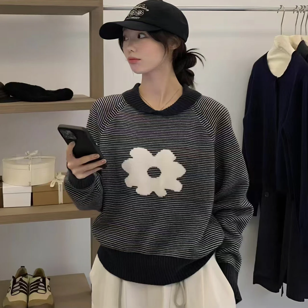 韩系chic复古条纹翻领针织衫女2025新款秋冬巨好看慵懒风软糯上衣