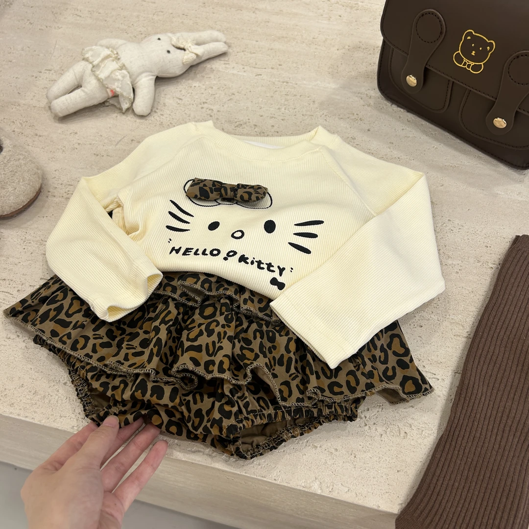【咸柠七】软萌暴击！女童秋款套装可爱KT猫长袖T恤上衣豹纹蛋糕裙