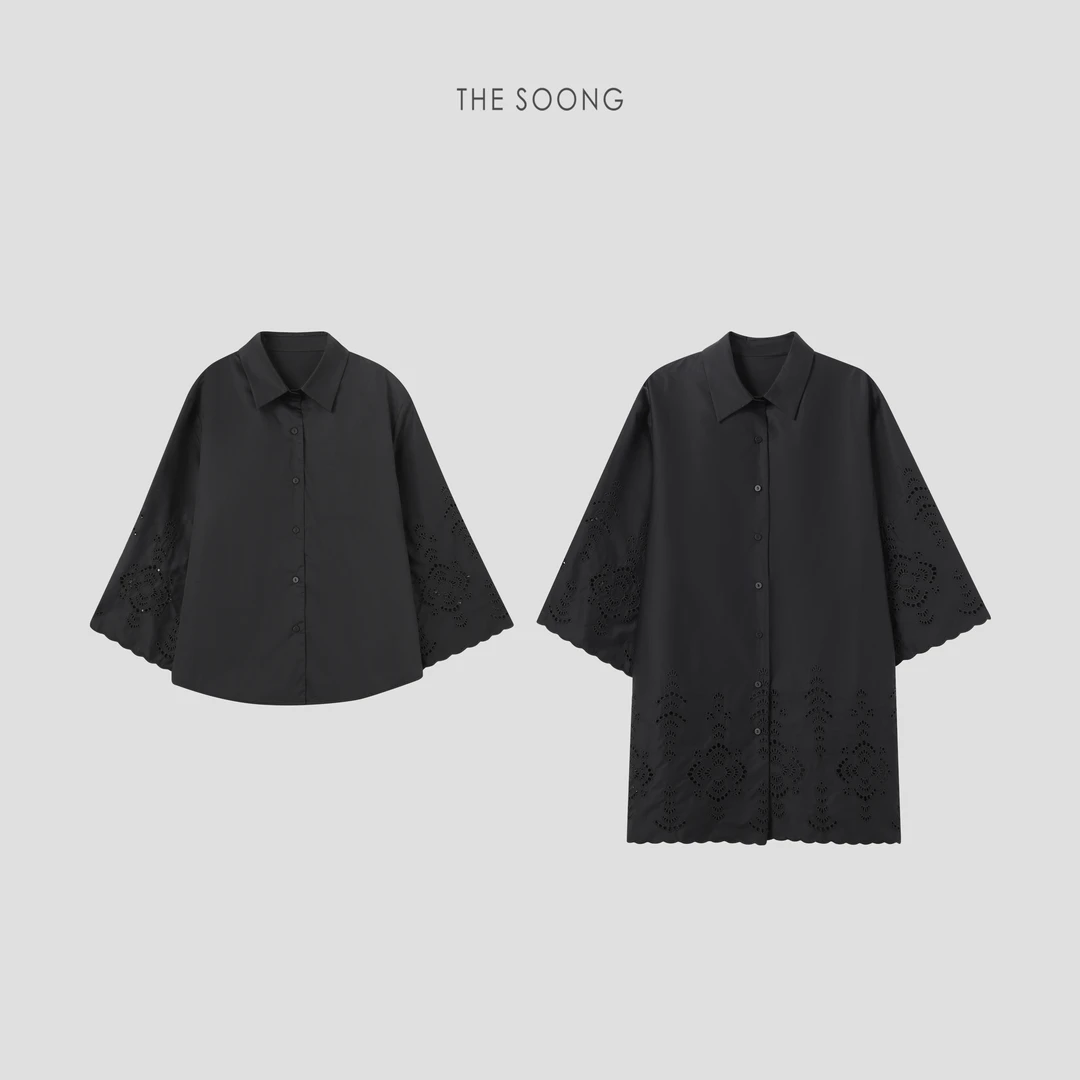 THESOONG|‘玄简美学’进口高密贡缎砂洗黑色衬衫外套6313/6200