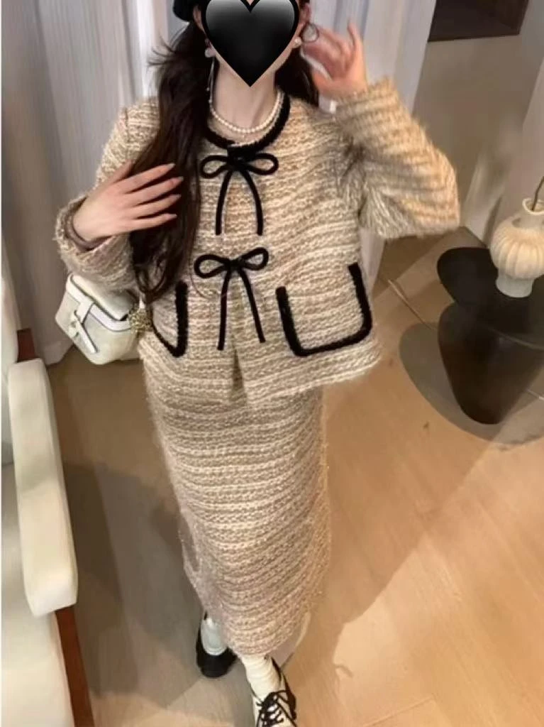 秋季名媛小香风大码时尚套装蝴蝶结外套简约半身裙两件套513367