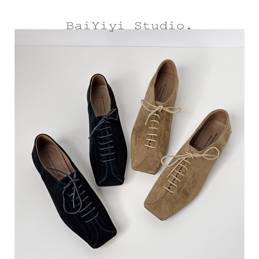 【白一一】法式复古方头系带2025春秋小众设计手工西部鞋-BYY006