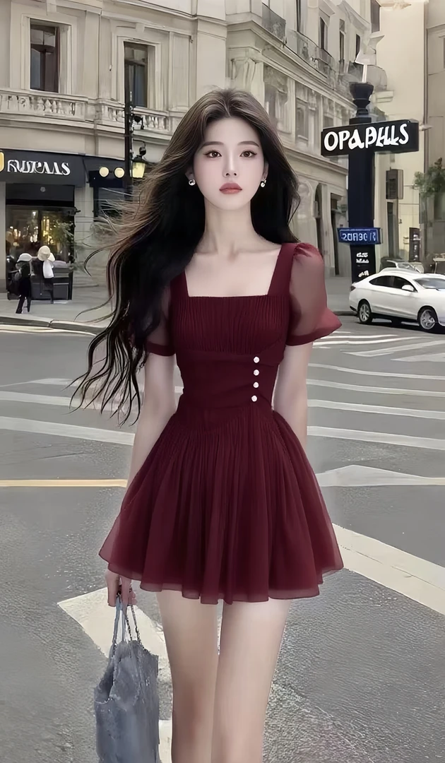 新款时尚温柔甜美风酒红色方领短袖收腰连衣裙高端大气氛围感女装