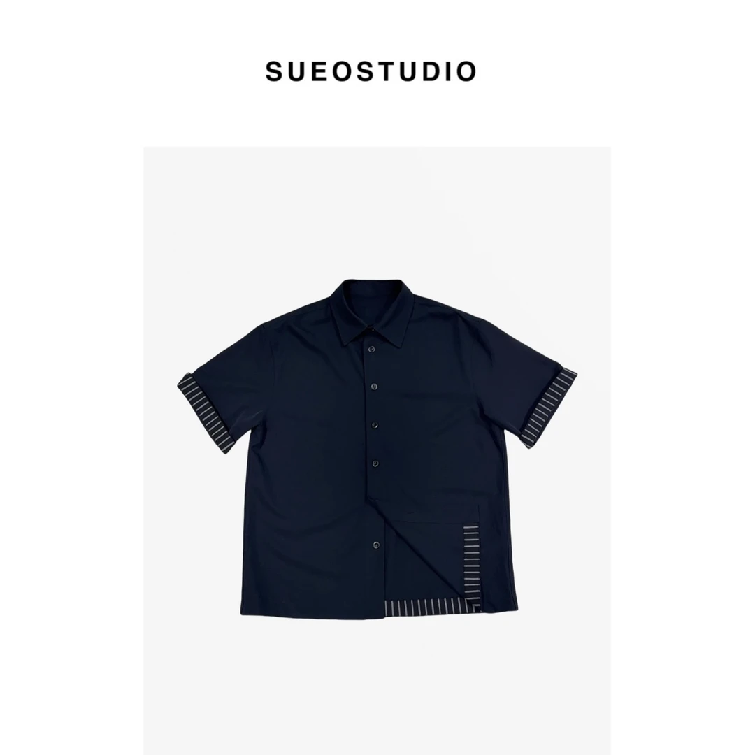 SUEO【铜氨衬衫】条纹撞色 夏季亲肤垂坠光泽感微廓形短袖衬衣