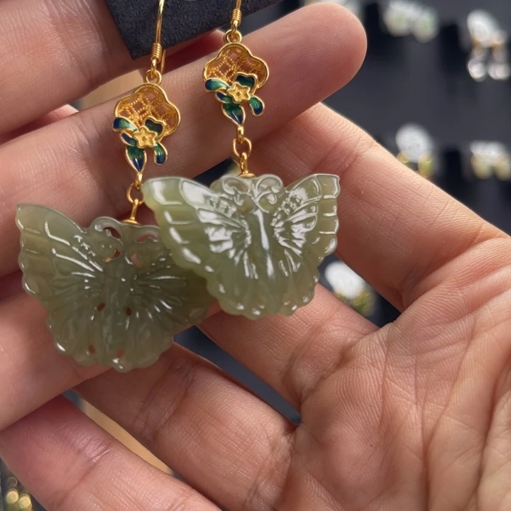 和田玉银S925镀金镶嵌耳饰