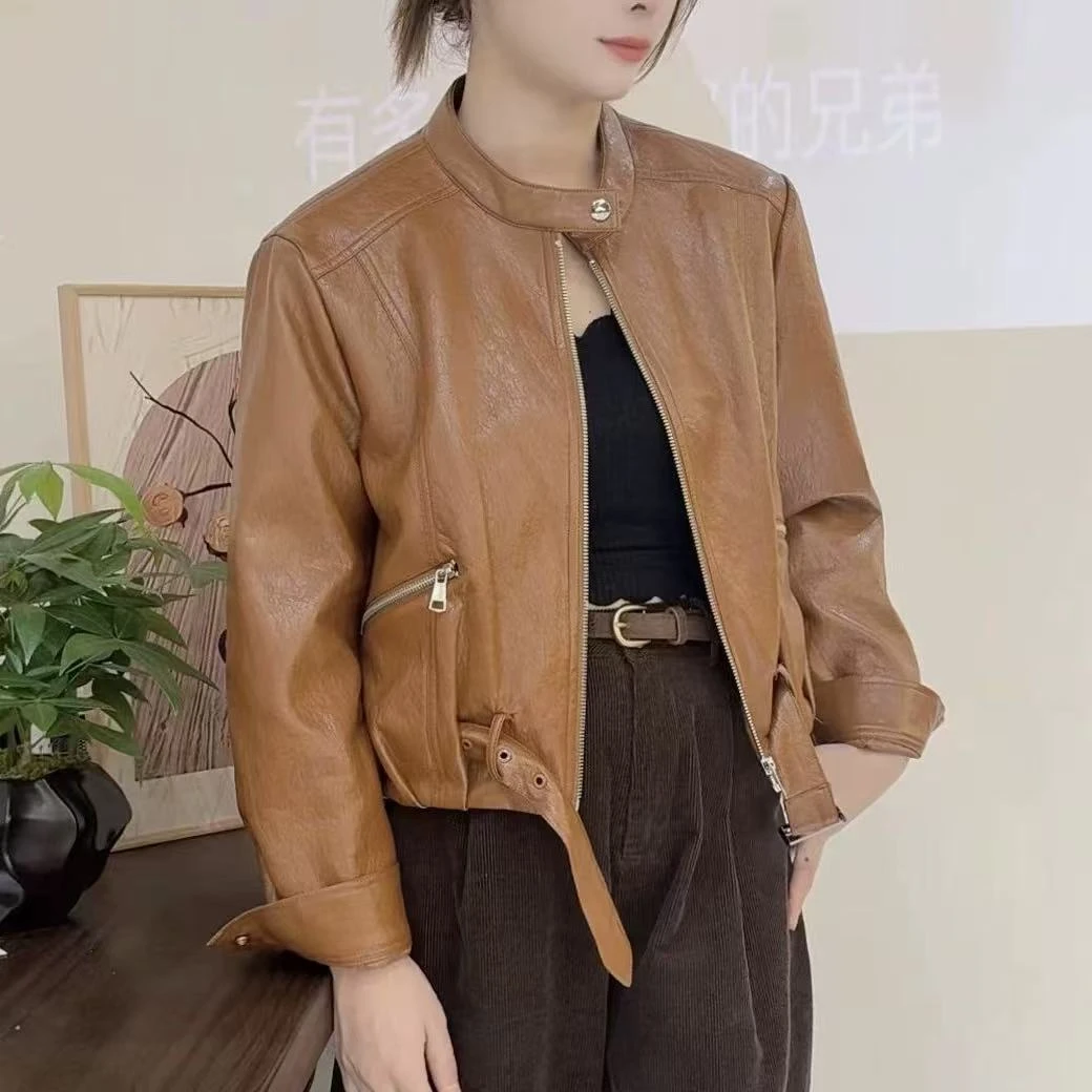 长袖薄款短款立领秋季街头风皮衣百搭韩版女装网红