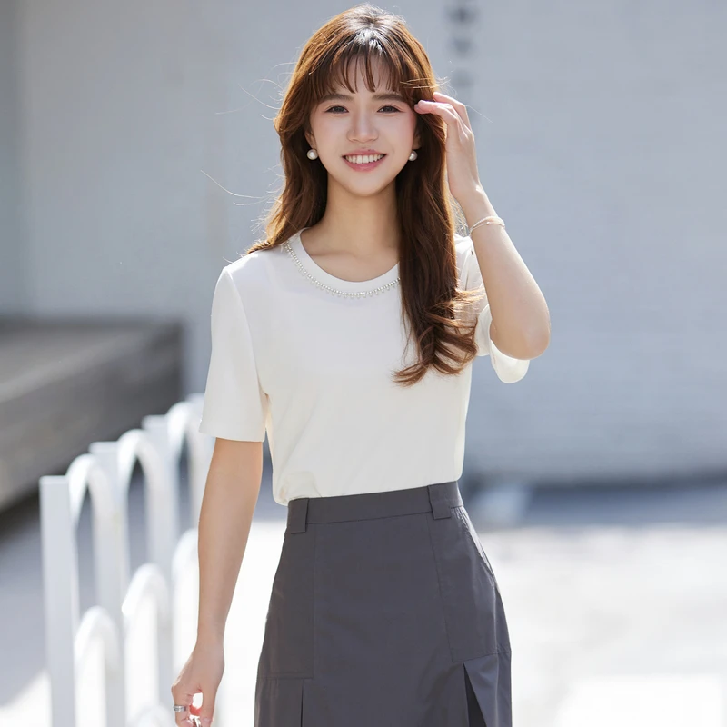 风笛2025夏季新款圆领套头短袖套头T恤女休闲通勤显瘦百搭上衣女