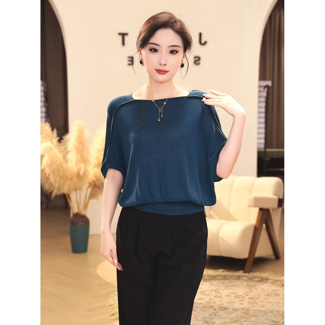 2025夏新【7267】简约洋气女装莱赛尔天丝蓝色设计师圆领针织小衫女